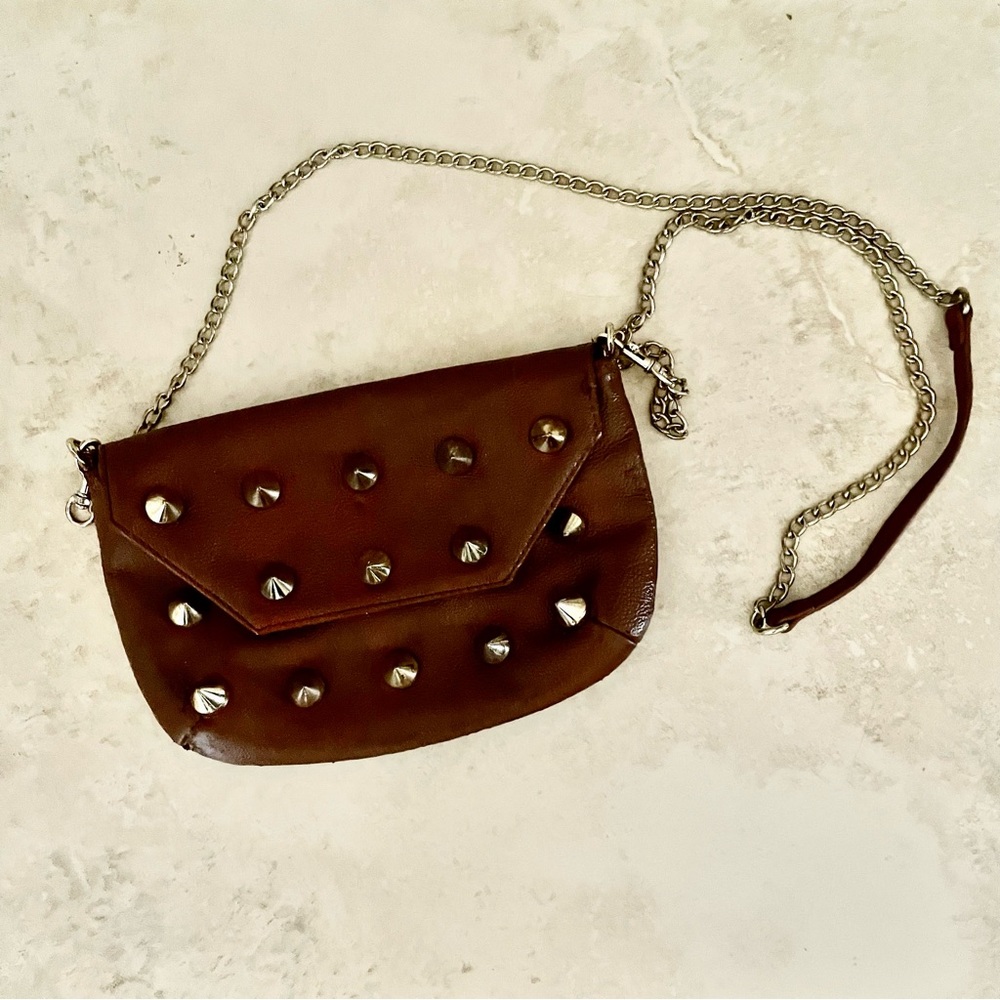 Studded pyramid  vegan chocolate leather crossbody